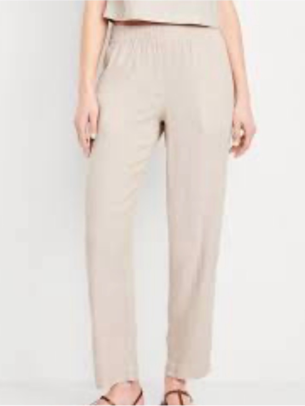 Old Navy High Rise Straight Leg Linen Blend Pull on Pants in Oatmeal Tan Size M
